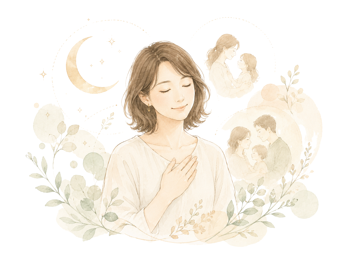 月と植物に囲まれて落ち着いた表情を見せる女性のイラスト